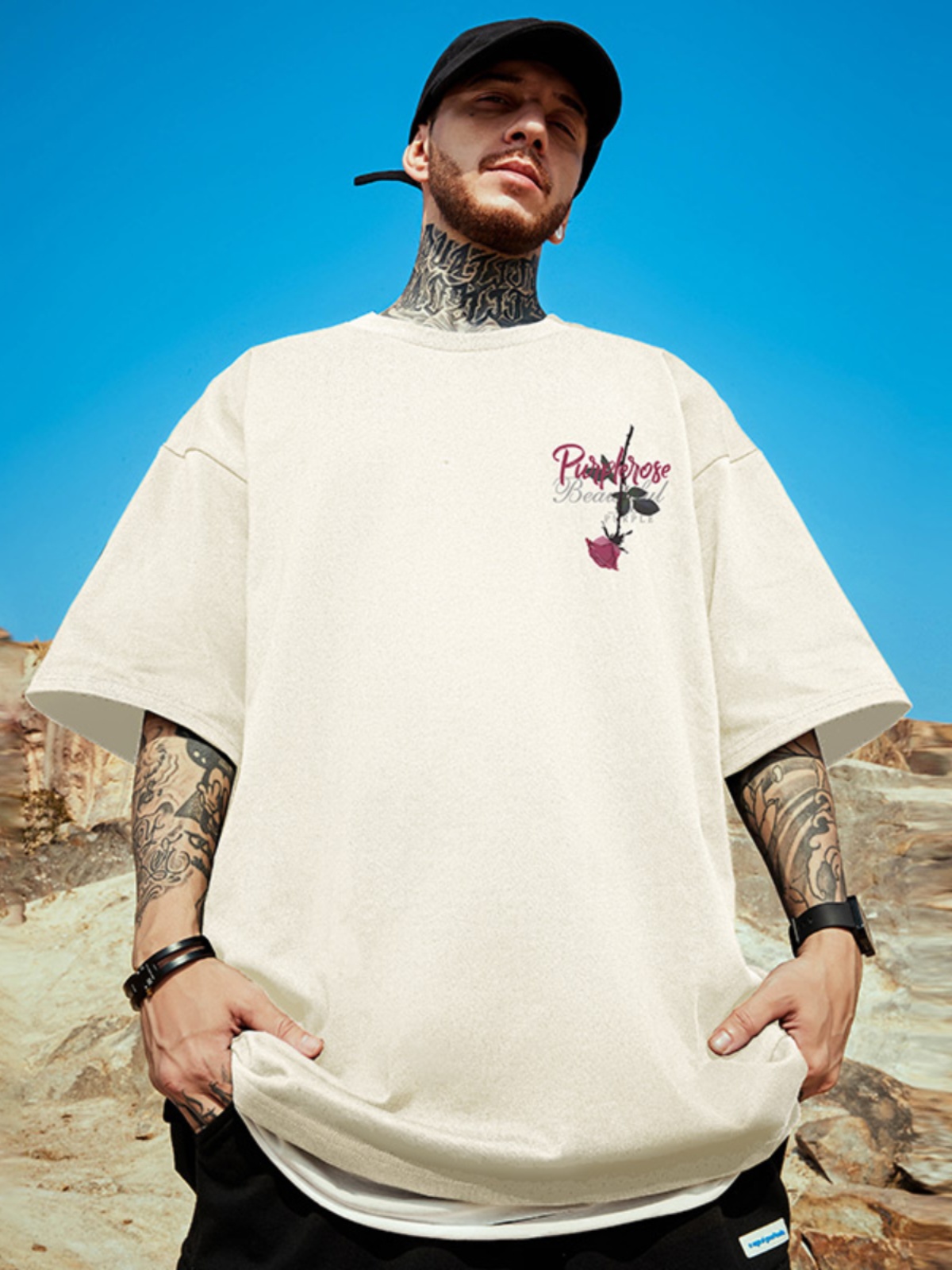 オーバーサイズTシャツ 紫薔薇モチーフ オーバーサイズ半袖