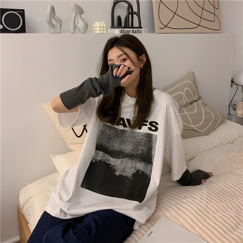 オーバーサイズTシャツ 波模様プリントレディースゆったりシルエット半袖