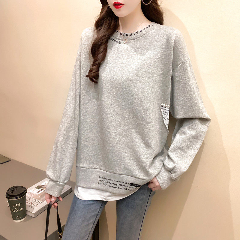 オーバーサイズTシャツ レイヤード風ロゴ刺繍付き重ね着風長袖トップス