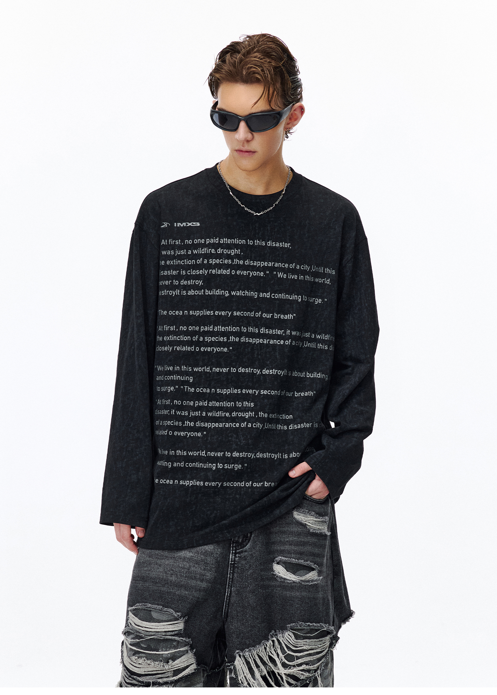 オーバーサイズTシャツ 詩的メッセージプリント長袖ティー