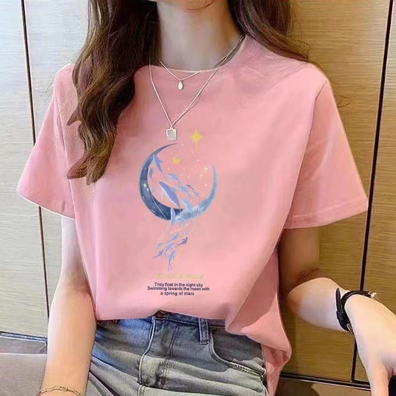 オーバーサイズTシャツレディース 月と星空デザインゆったりシルエット半袖トップス
