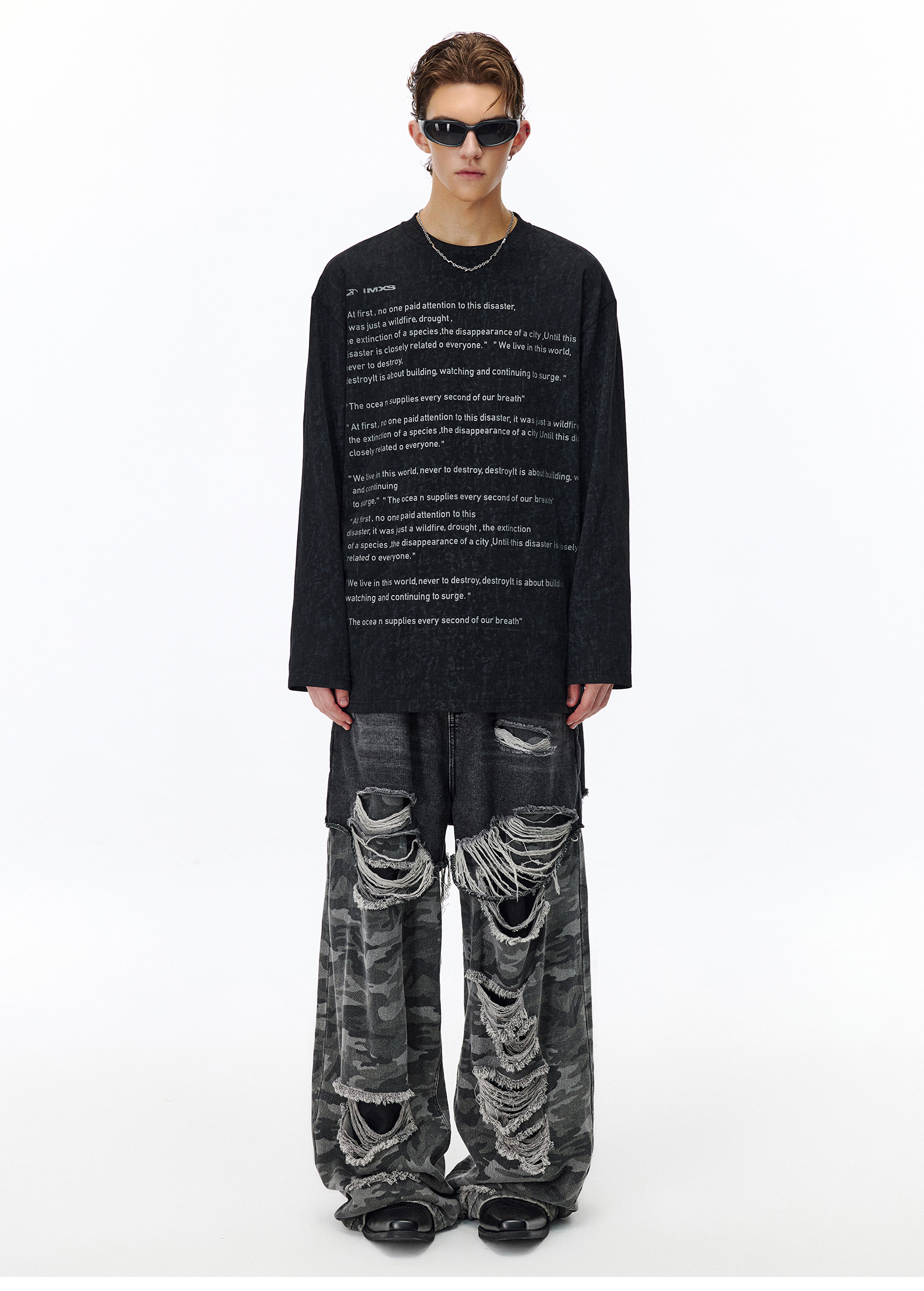 オーバーサイズTシャツ 詩的メッセージプリント長袖ティー