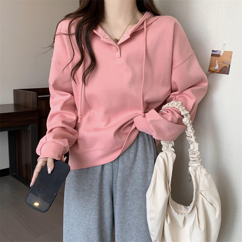 オーバーサイズTシャツ フード付きボタンデザイン長袖プルオーバー