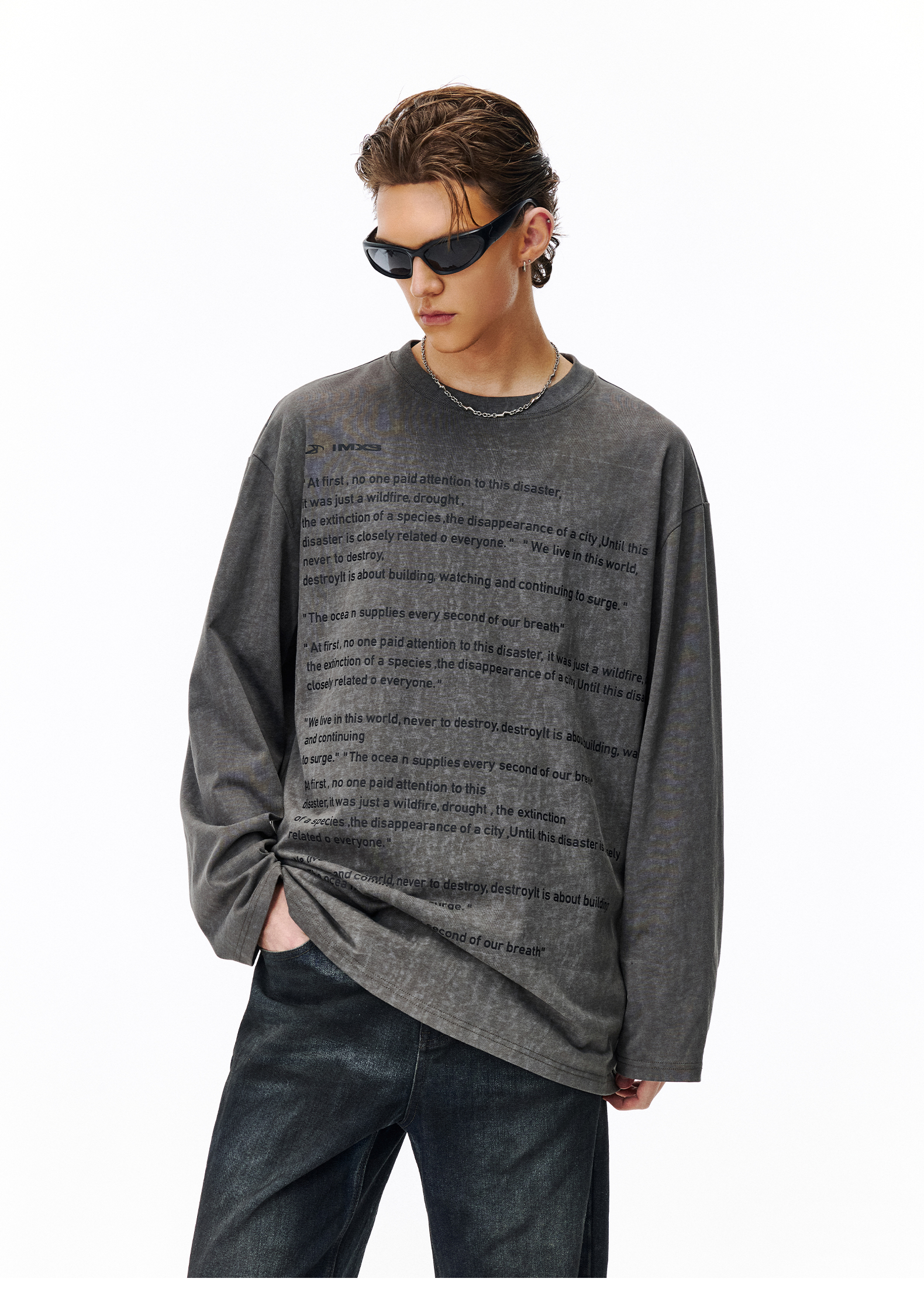 オーバーサイズTシャツ 詩的メッセージプリント長袖ティー