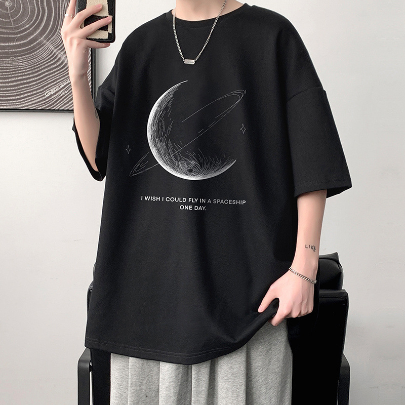 オーバーサイズTシャツ メンズ月と土星モチーフ宇宙デザイン半袖オーバーサイズティーシャツ