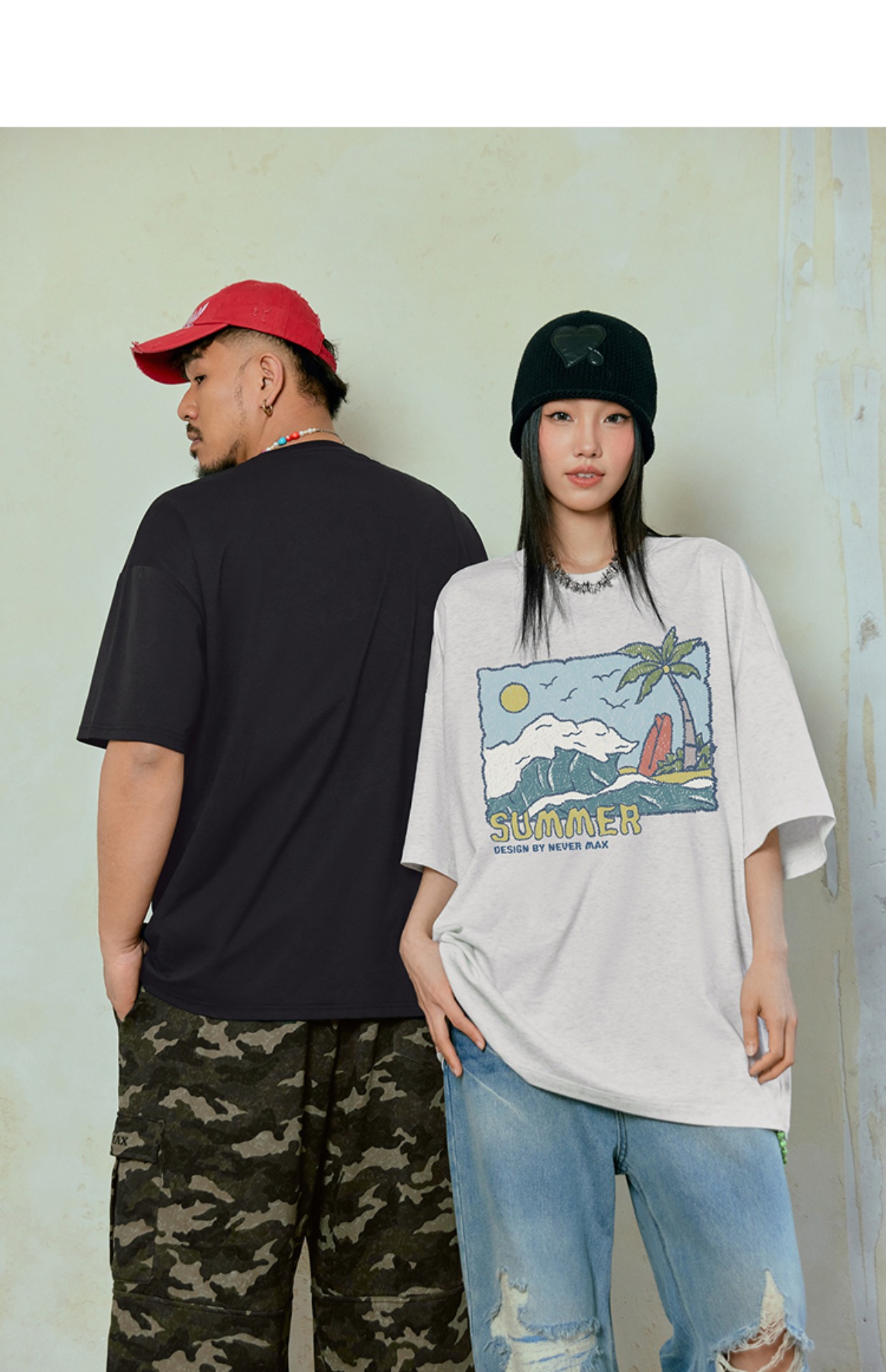 オーバーサイズTシャツ 南国ビーチ ゆったりプリント半袖