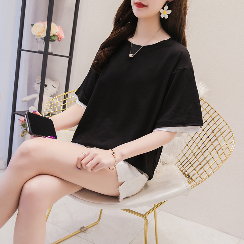 オーバーサイズTシャツ レディース配色袖口シンプルゆったりチュニック丈半袖トップス