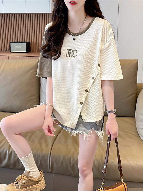 オーバーサイズTシャツ レディースレイヤード風ボタンデザインリブ編み半袖ゆったりトップス