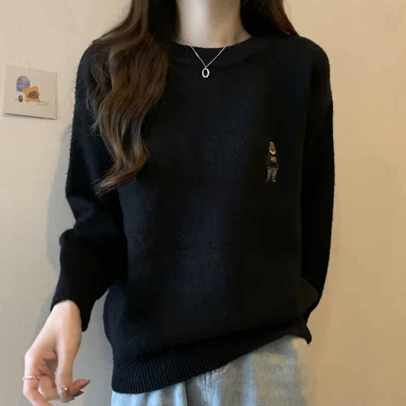 オーバーサイズTシャツ くまワンポイント刺繍ゆったりニットトップス