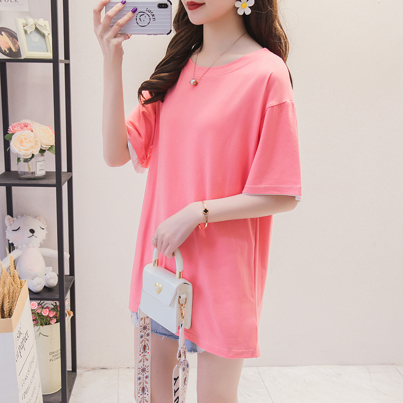 オーバーサイズTシャツ レディース配色袖口シンプルゆったりチュニック丈半袖トップス