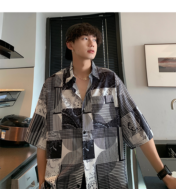 オーバーサイズTシャツ パッチワーク柄開襟半袖シャツ