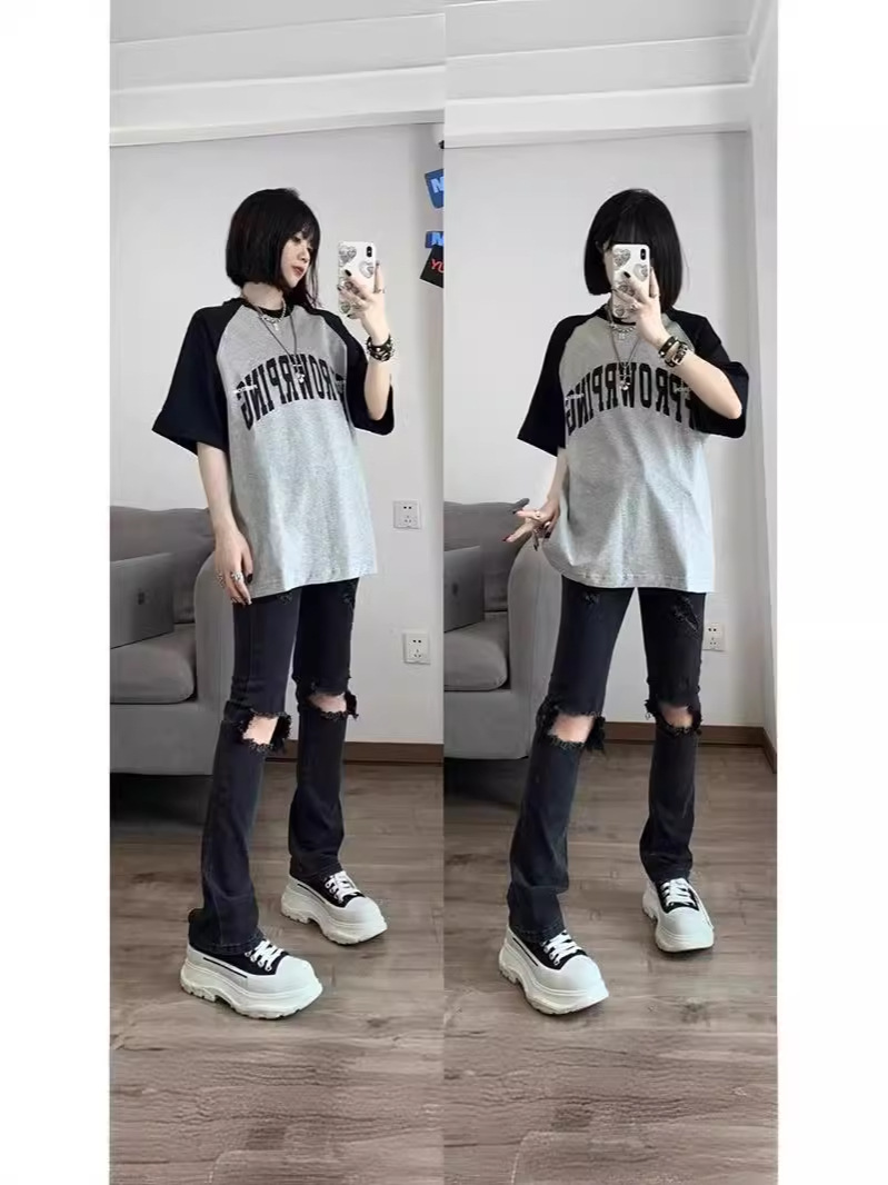 オーバーサイズTシャツ 切替配色ロゴプリント半袖ゆったりトップス