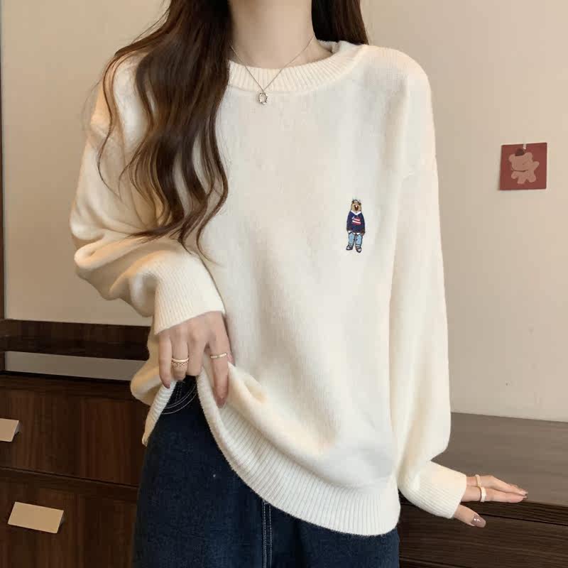 オーバーサイズTシャツ くまワンポイント刺繍ゆったりニットトップス