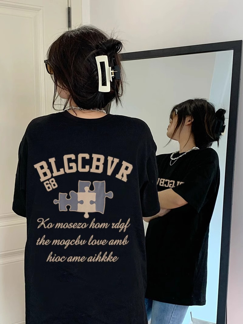 オーバーサイズTシャツ パズルモチーフ ゆったり半袖シャツ