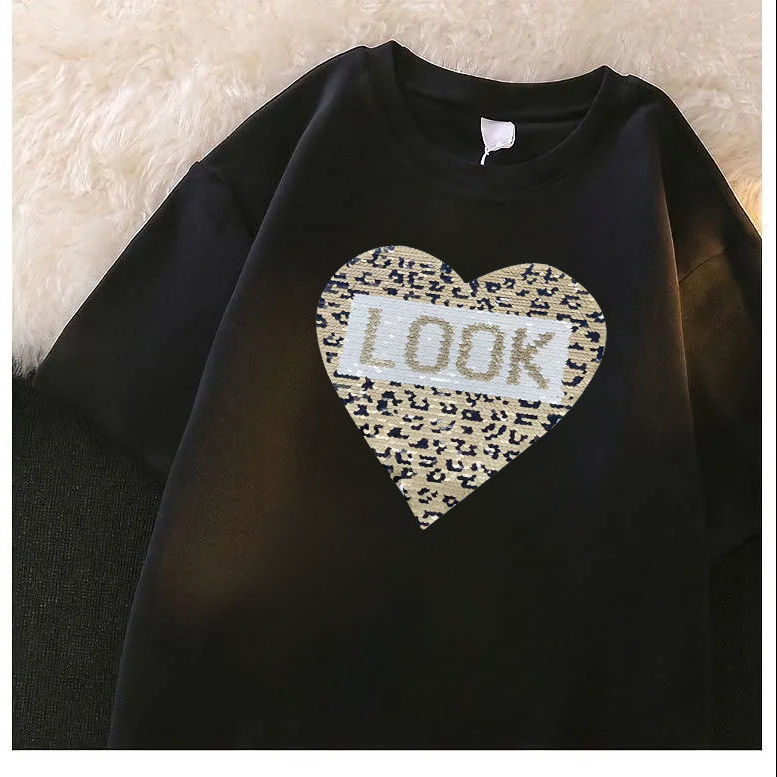 オーバーサイズTシャツレディース 豹柄ハートロゴプリント半袖