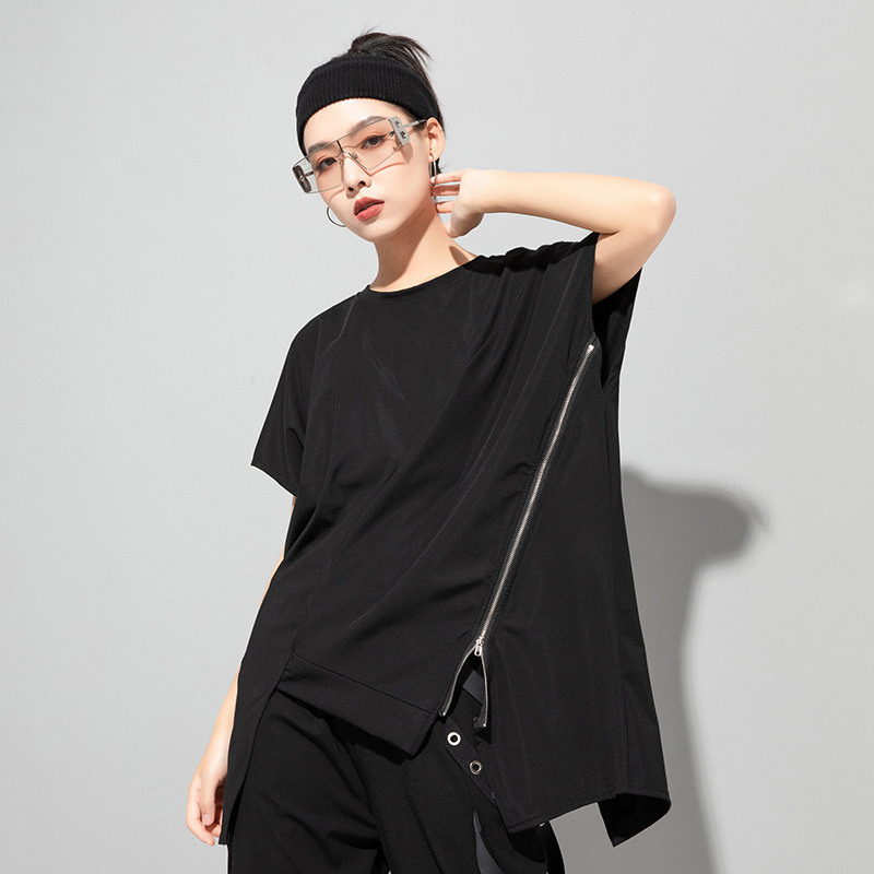オーバーサイズTシャツ レディースサイドジップデザイン ゆったりTシャツ