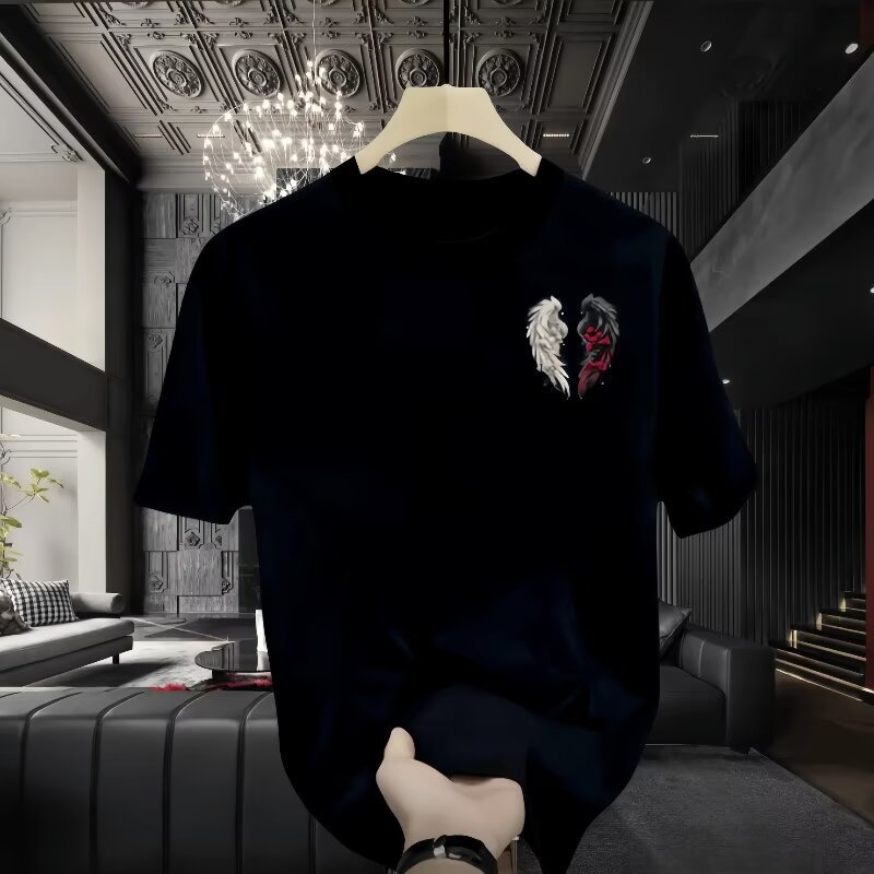 オーバーサイズTシャツメンズ 双龍と薔薇刺繍デザイン半袖丸首Tシャツ