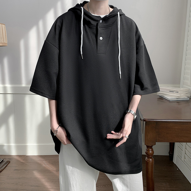 オーバーサイズTシャツメンズ 五分袖フード付きボタンデザインゆったりトップス