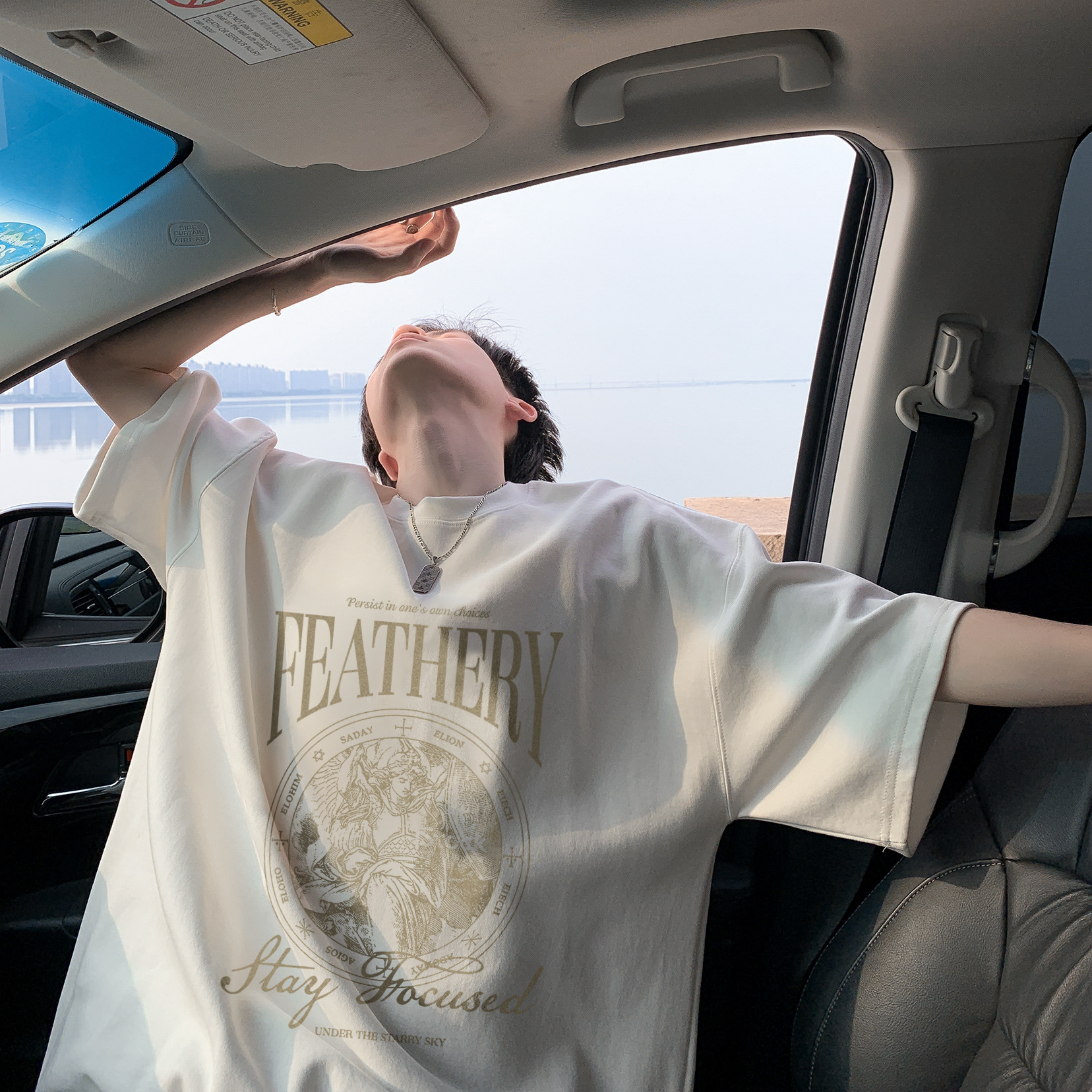 オーバーサイズTシャツ メンズ天使モチーフプリント五分袖ゆったり半袖トップス