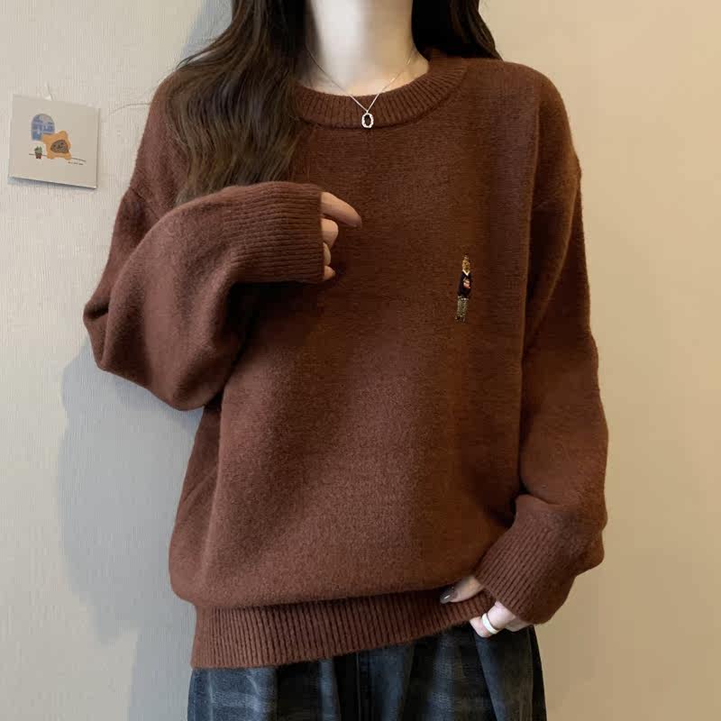 オーバーサイズTシャツ くまワンポイント刺繍ゆったりニットトップス