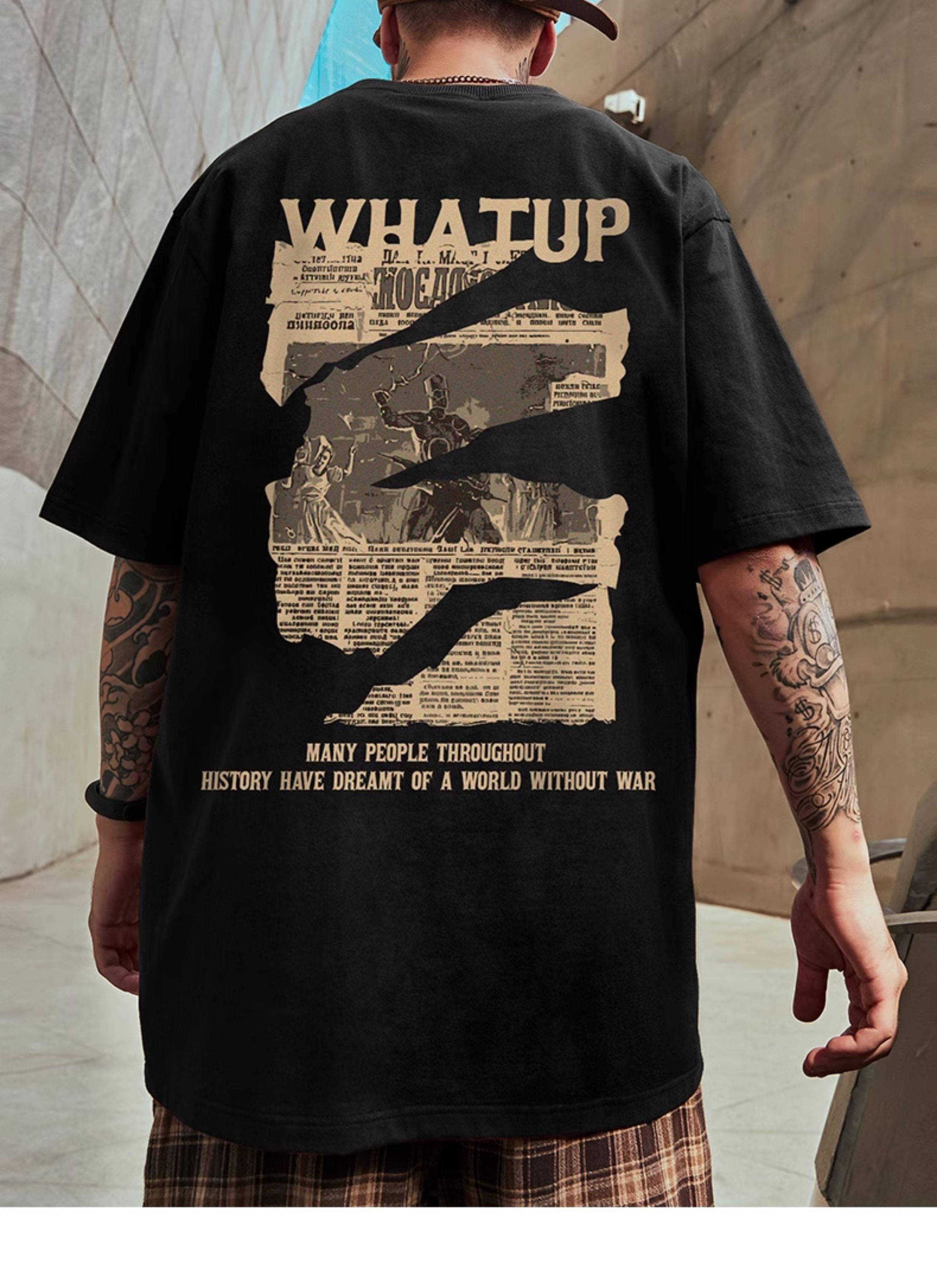 オーバーサイズTシャツ 平和宣言 レトロ新聞プリント Tシャツ
