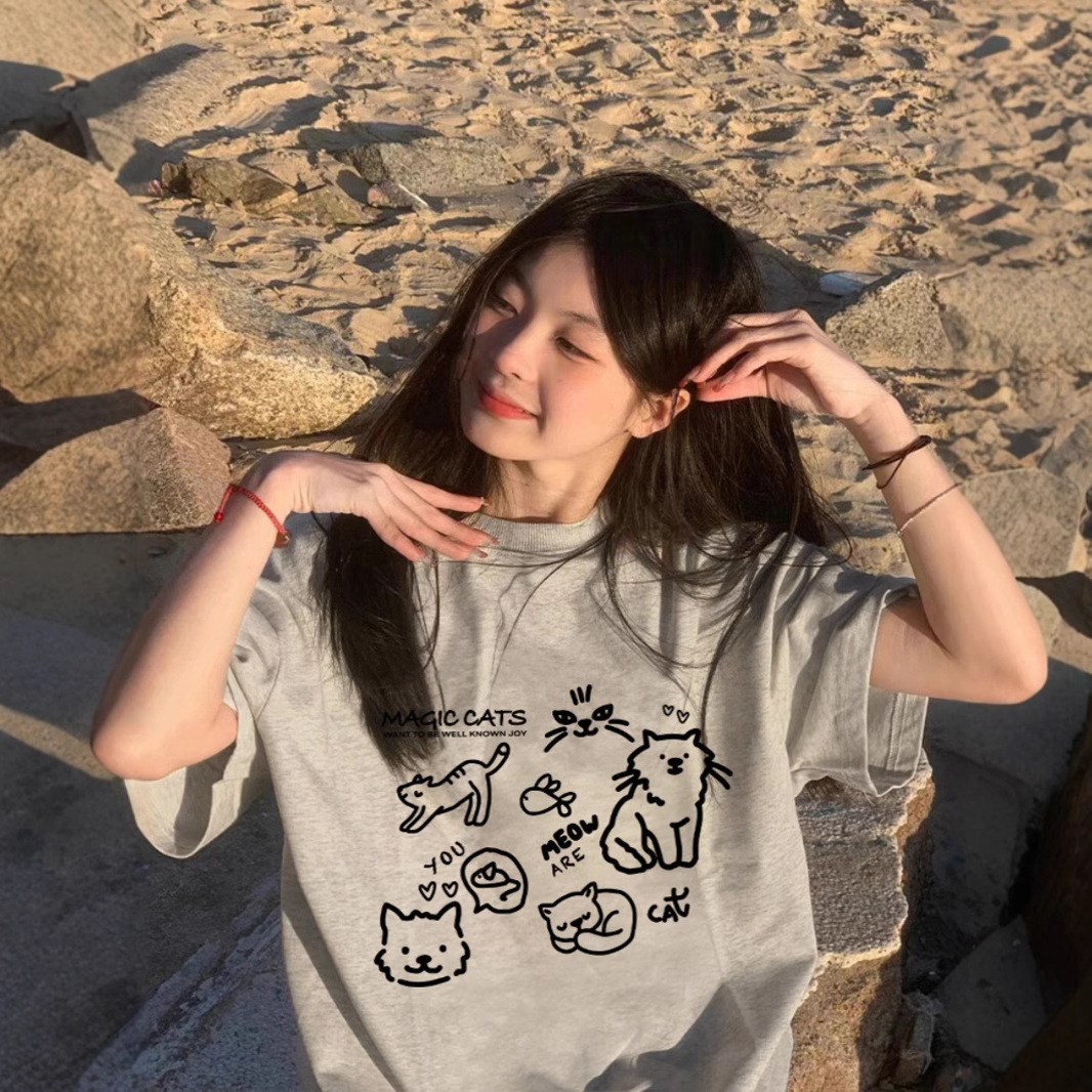オーバーサイズTシャツ ゆるかわ猫イラスト ゆったりティー
