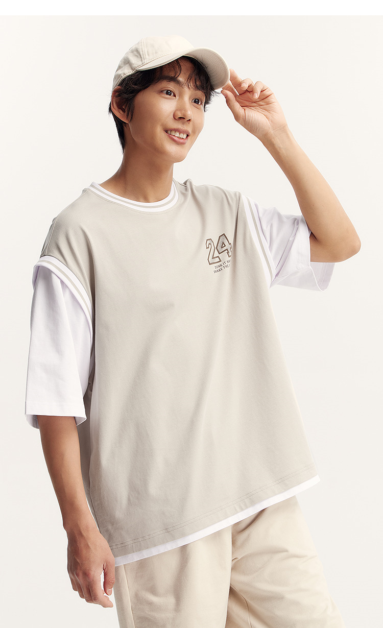 オーバーサイズTシャツ 数字刺繍レイヤード風ゆったりティー
