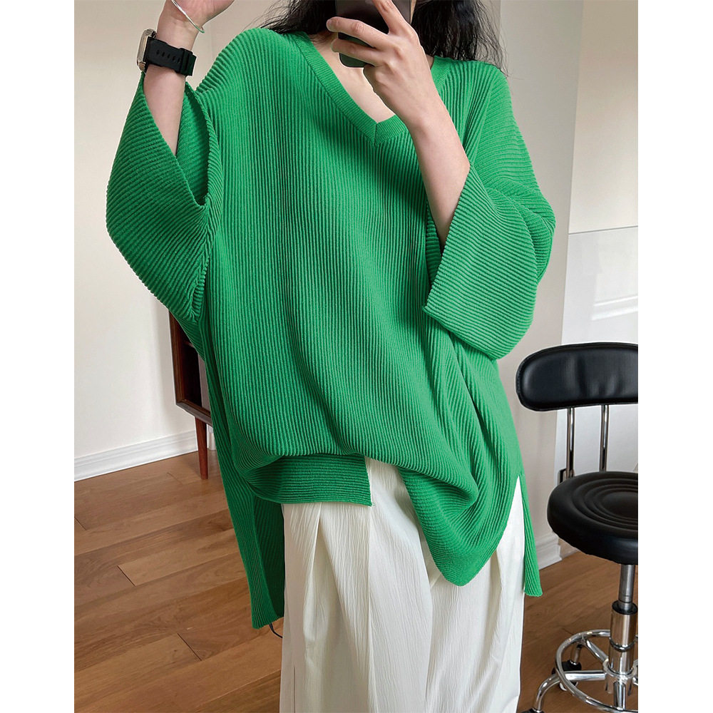 オーバーサイズTシャツ 立体リブ編みブイネックゆったりオーバーサイズニットトップス