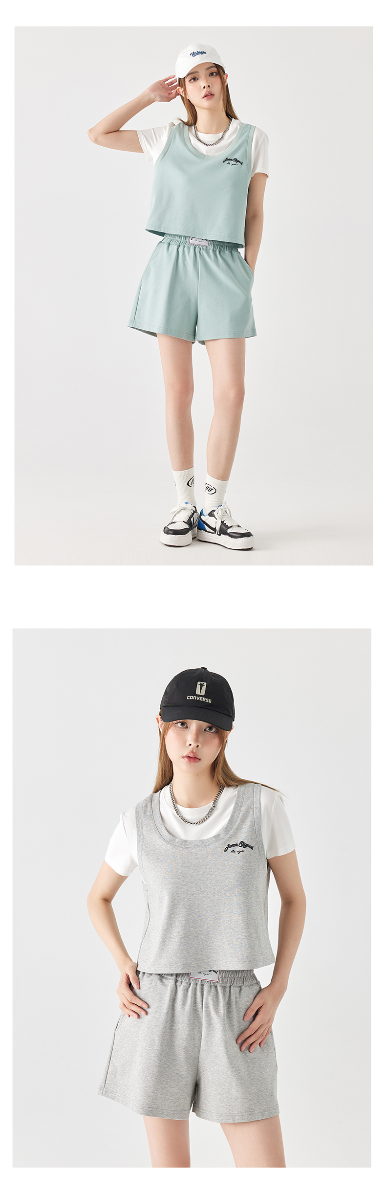 オーバーサイズTシャツ 重ね着風ベスト＆ショートパンツセット