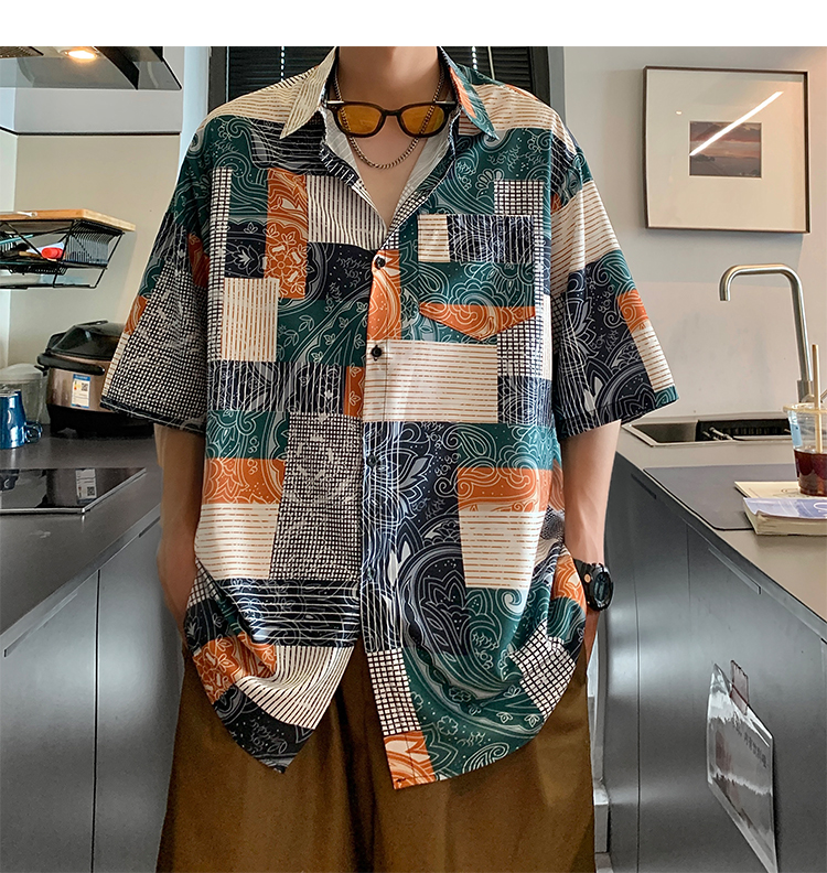 オーバーサイズTシャツ パッチワーク柄開襟半袖シャツ
