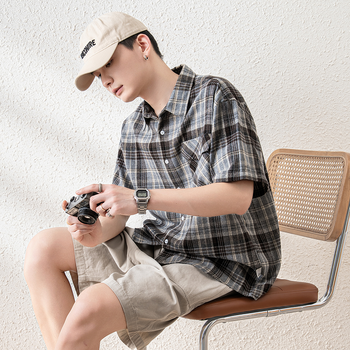 オーバーサイズTシャツ 格子柄ゆったり半袖シャツ