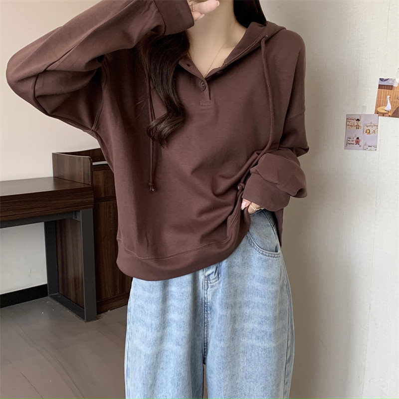 オーバーサイズTシャツ フード付きボタンデザイン長袖プルオーバー