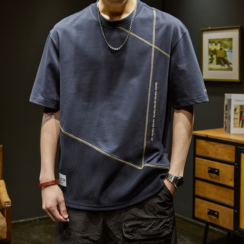 オーバーサイズTシャツ メンズ幾何学ライン装飾ゆったり半袖