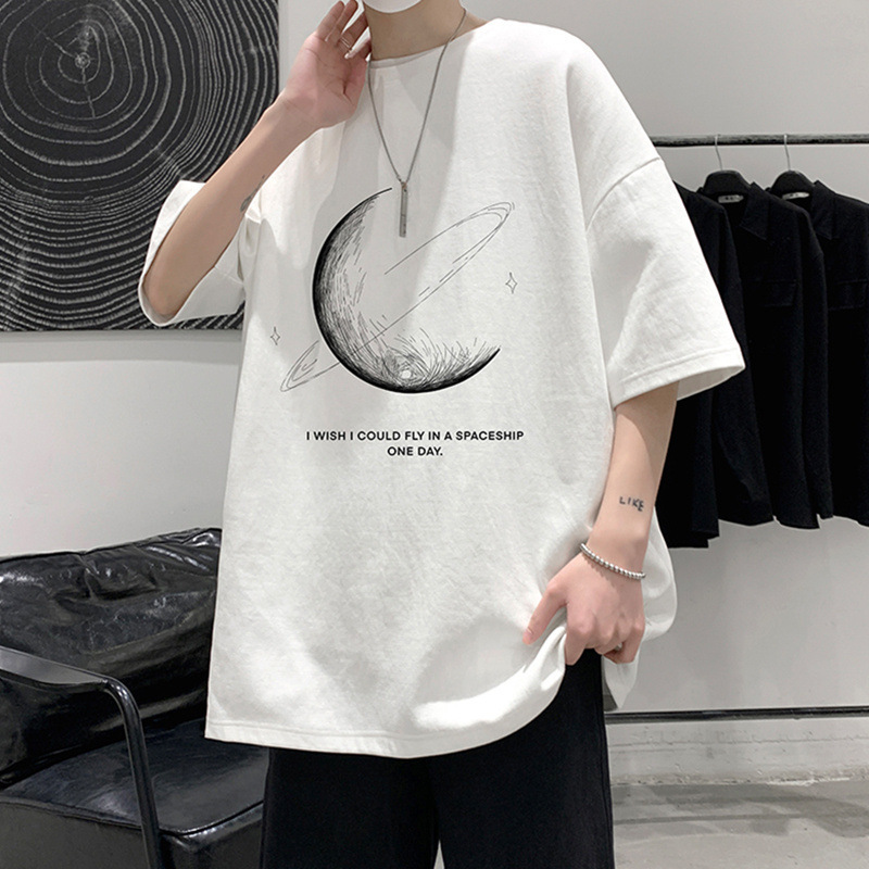 オーバーサイズTシャツ メンズ月と土星モチーフ宇宙デザイン半袖オーバーサイズティーシャツ