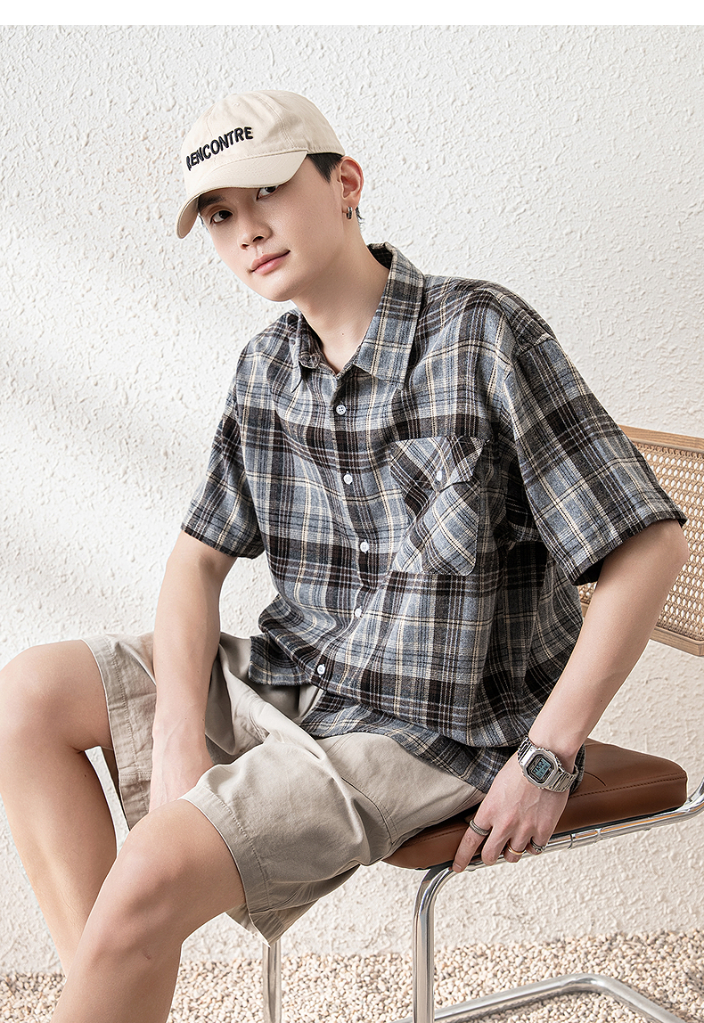 オーバーサイズTシャツ 格子柄ゆったり半袖シャツ
