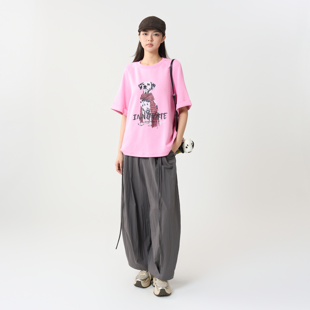 オーバーサイズTシャツ 愛らしい犬柄プリントゆったり半袖シャツ
