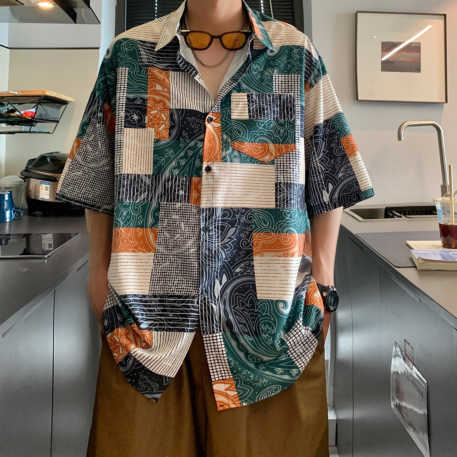 オーバーサイズTシャツ パッチワーク柄開襟半袖シャツ