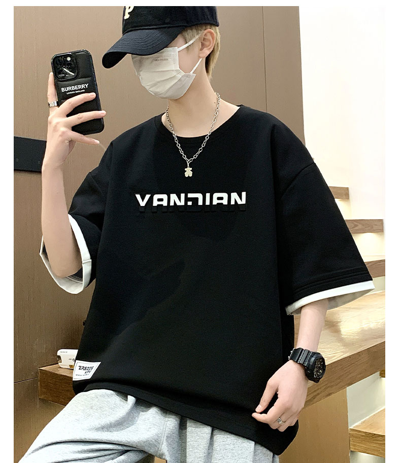 オーバーサイズTシャツ 立体ロゴ入り五分袖ゆったりシャツ