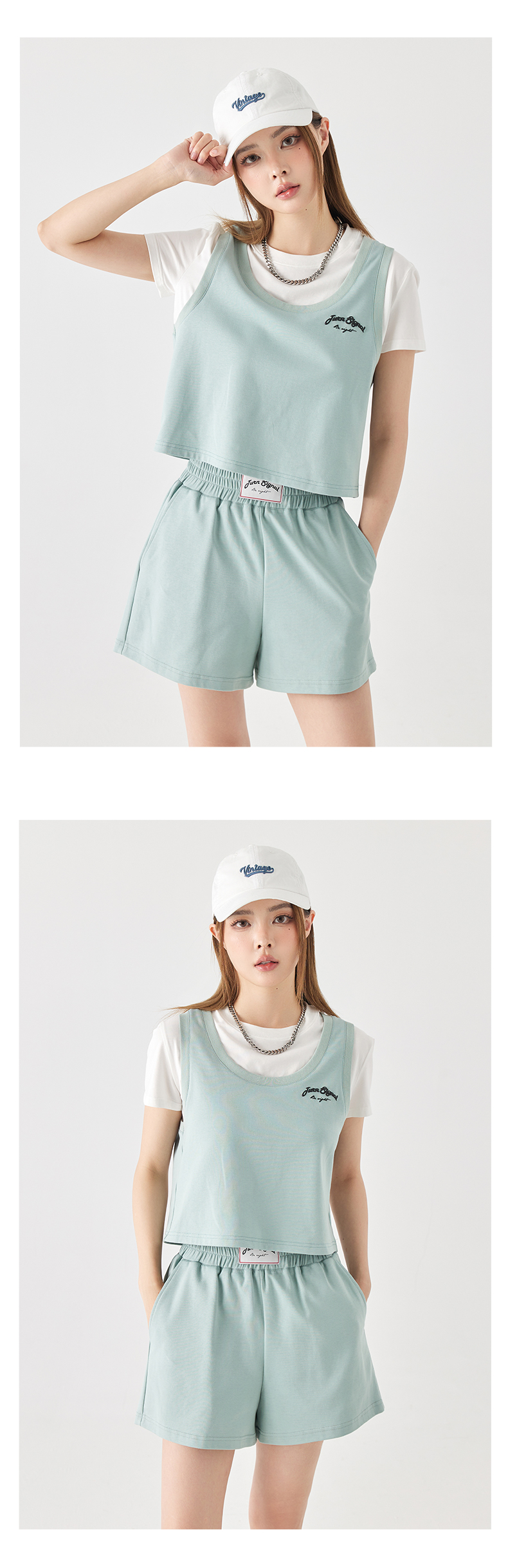 オーバーサイズTシャツ 重ね着風ベスト＆ショートパンツセット
