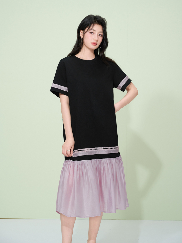 オーバーサイズTシャツ バイカラー切替裾フリルワンピース