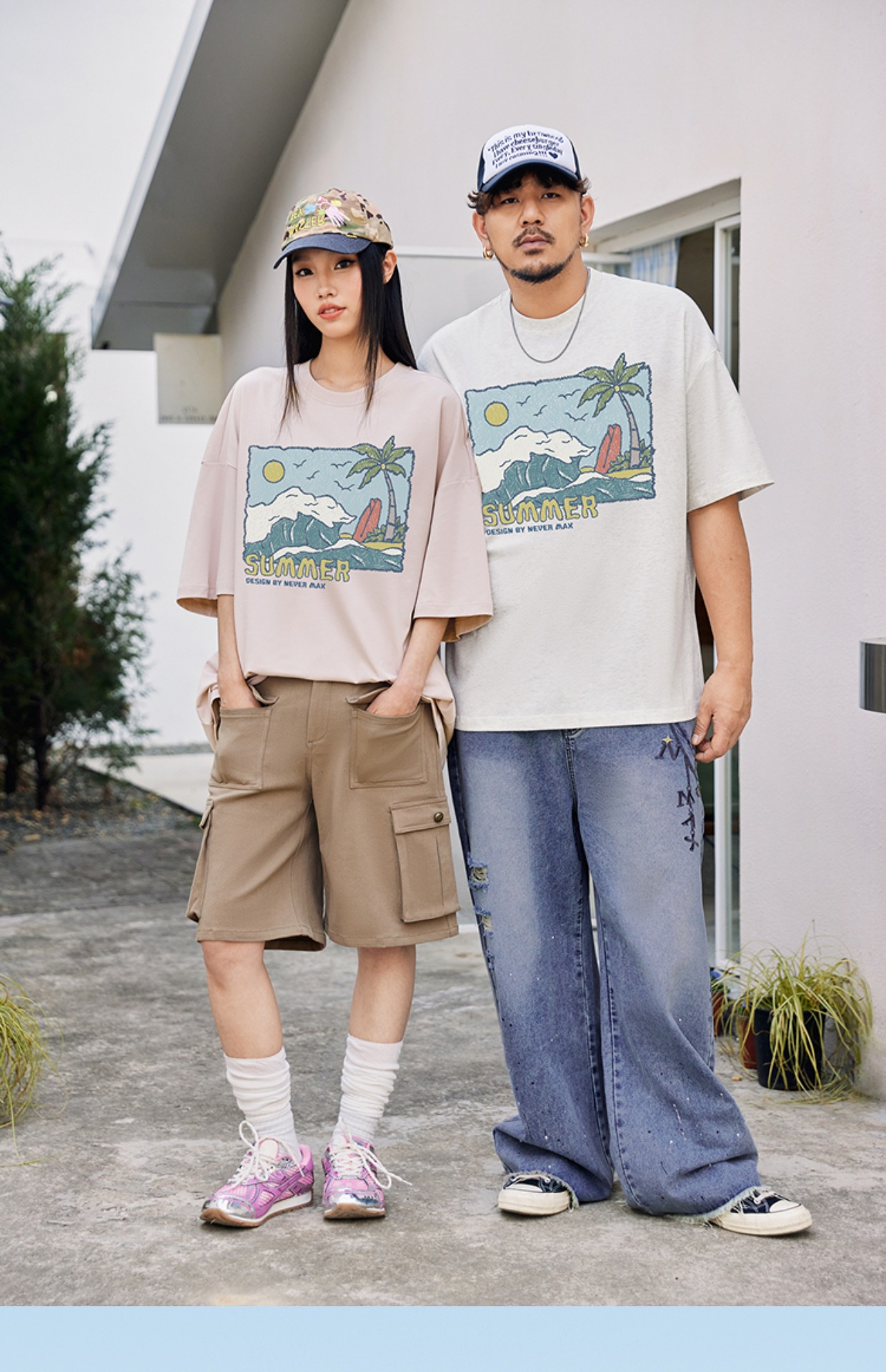 オーバーサイズTシャツ 南国ビーチ ゆったりプリント半袖