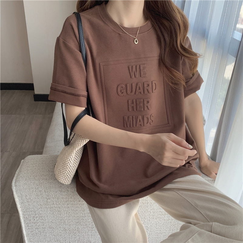 オーバーサイズTシャツ 浮き彫り文字入りレディースゆったりTシャツ