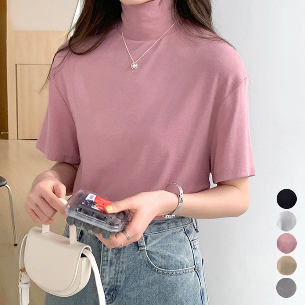オーバーサイズTシャツ ハイネック半袖オーバーサイズ薄手シャツ レディース