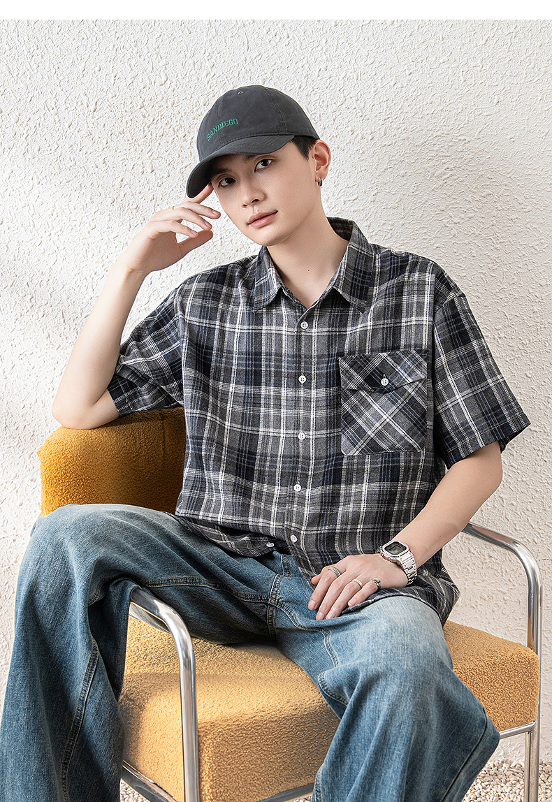 オーバーサイズTシャツ 格子柄ゆったり半袖シャツ