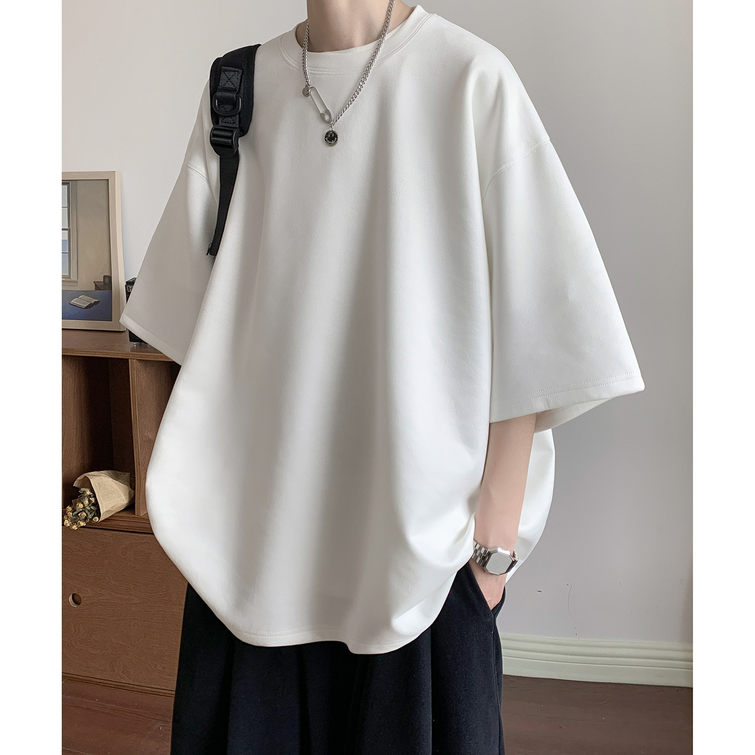 オーバーサイズTシャツ メンズゆったりシルエット 五分袖無地Tシャツ