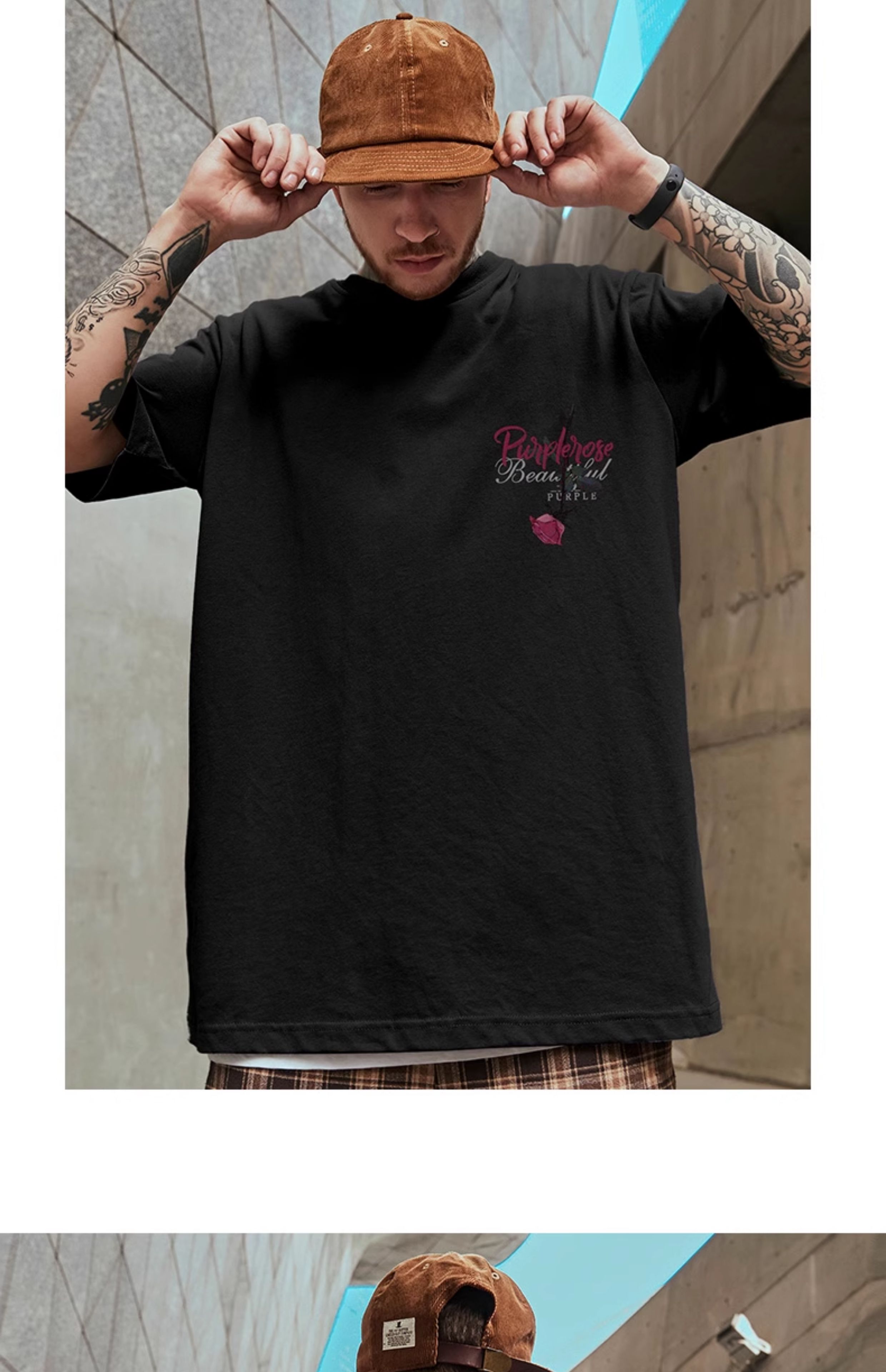 オーバーサイズTシャツ 紫薔薇モチーフ オーバーサイズ半袖