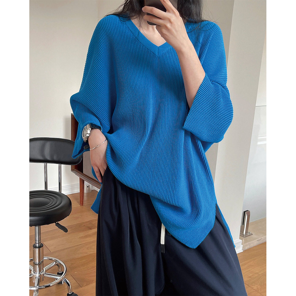 オーバーサイズTシャツ 立体リブ編みブイネックゆったりオーバーサイズニットトップス