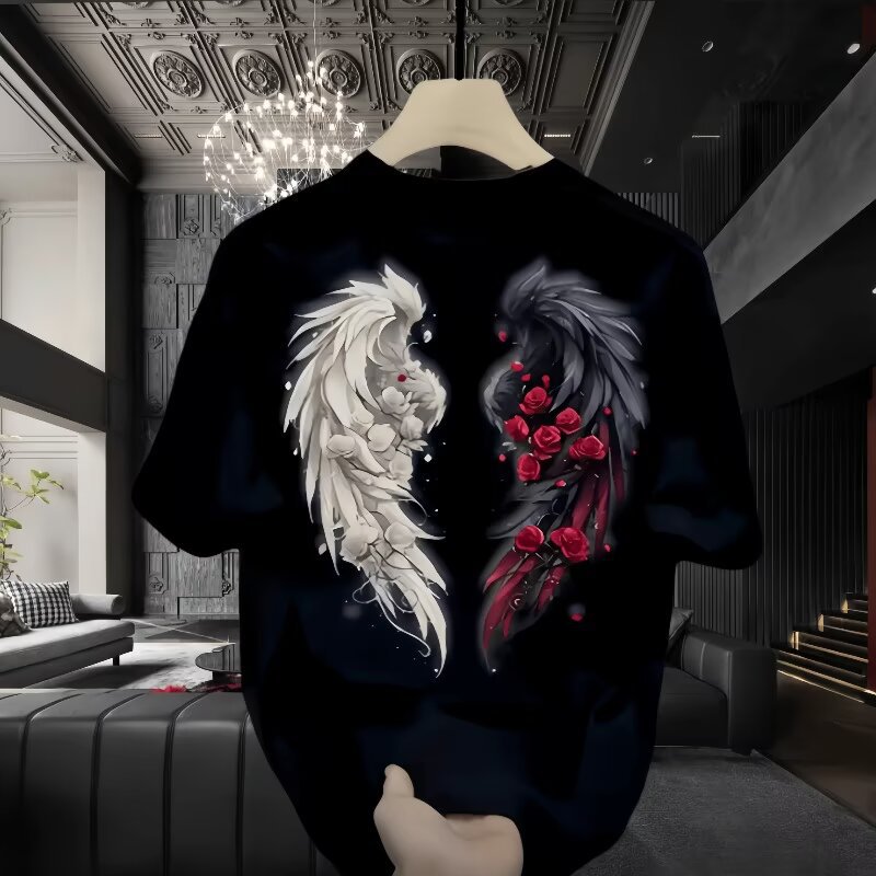 オーバーサイズTシャツメンズ 双龍と薔薇刺繍デザイン半袖丸首Tシャツ