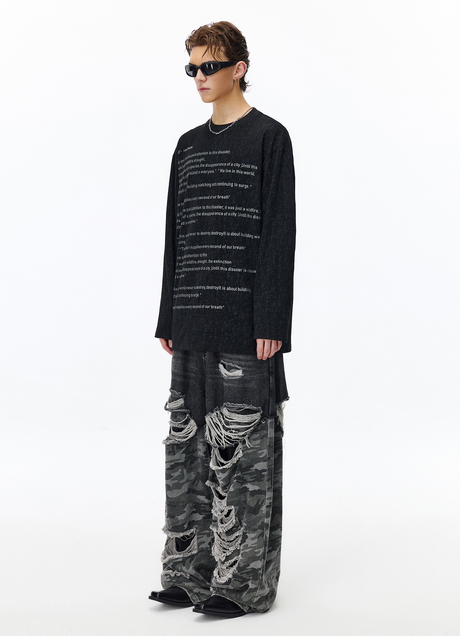 オーバーサイズTシャツ 詩的メッセージプリント長袖ティー