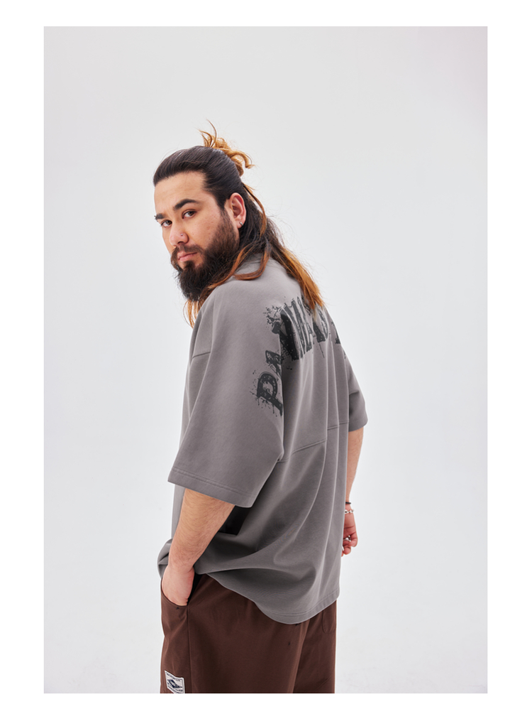 オーバーサイズTシャツ 滲み文字バックプリント重ね着風Ｔシャツ